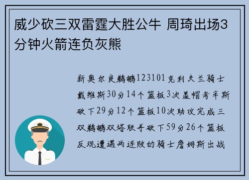 威少砍三双雷霆大胜公牛 周琦出场3分钟火箭连负灰熊