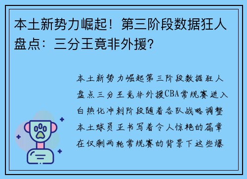 本土新势力崛起！第三阶段数据狂人盘点：三分王竟非外援？
