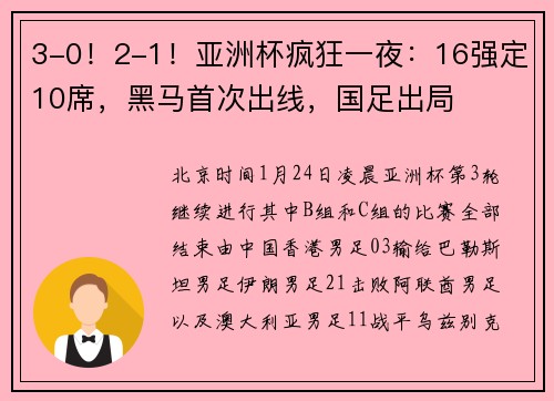3-0！2-1！亚洲杯疯狂一夜：16强定10席，黑马首次出线，国足出局