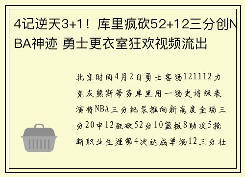 4记逆天3+1！库里疯砍52+12三分创NBA神迹 勇士更衣室狂欢视频流出