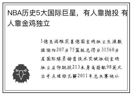 NBA历史5大国际巨星，有人靠抛投 有人靠金鸡独立
